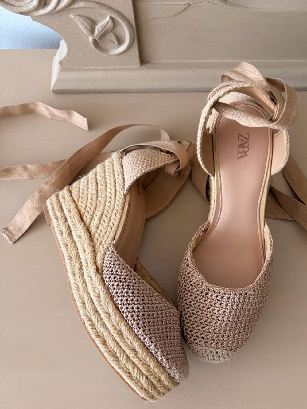 ZARA Beige Crochet Espadrille Wedge Sandals woven 37 7 size boho Marant bohemian